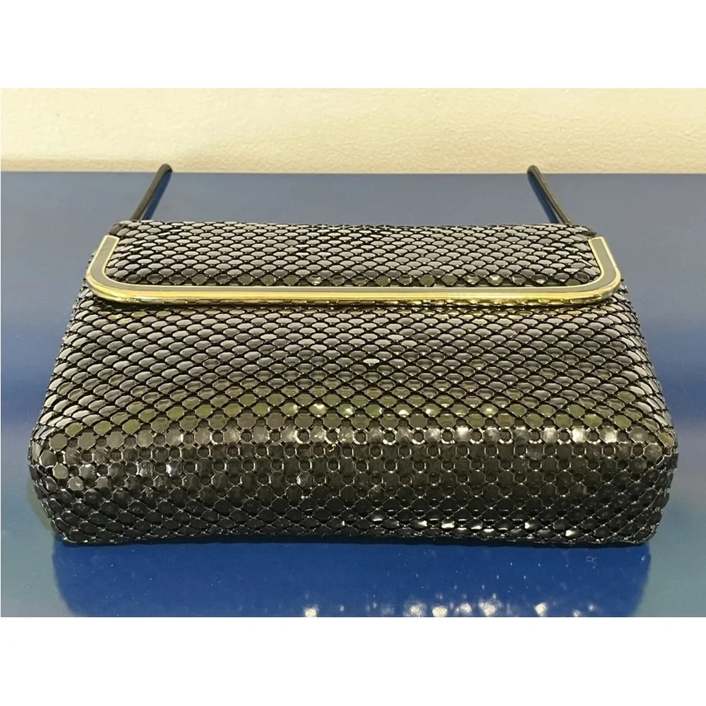 Black Mesh Purse Envelope Clutch Gold Disco Bag Metal Chain Vintage 70s 80s